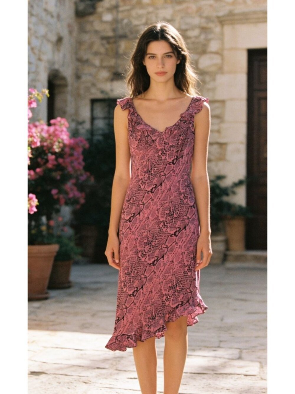 Women's - Hugo Buscati Silk Snakeskin Print Ruffle Hem Midi Dress, Size 4